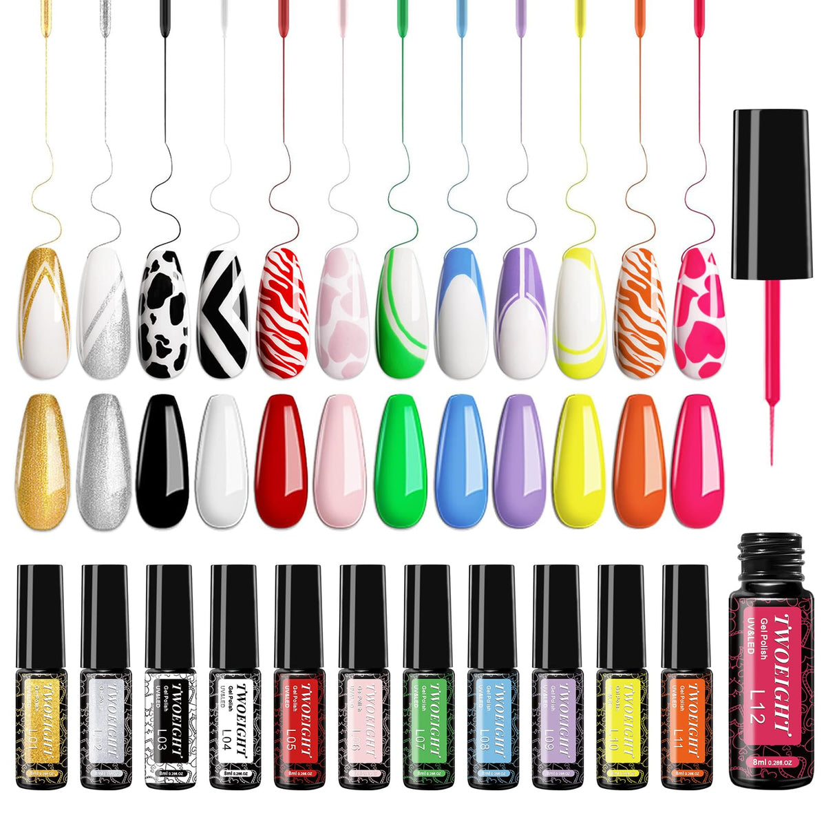 TWOEIGHT front packaging showing all 12 gel liner bottles and colors, great for easy selection