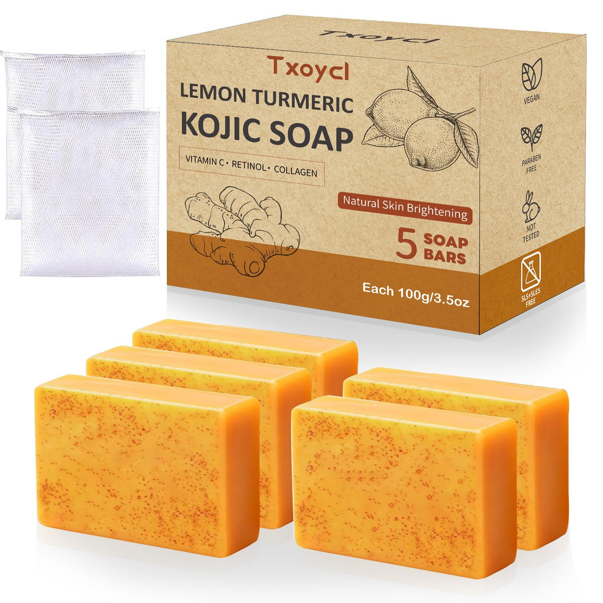Txoycl front packaging showing lemon turmeric soap and benefits