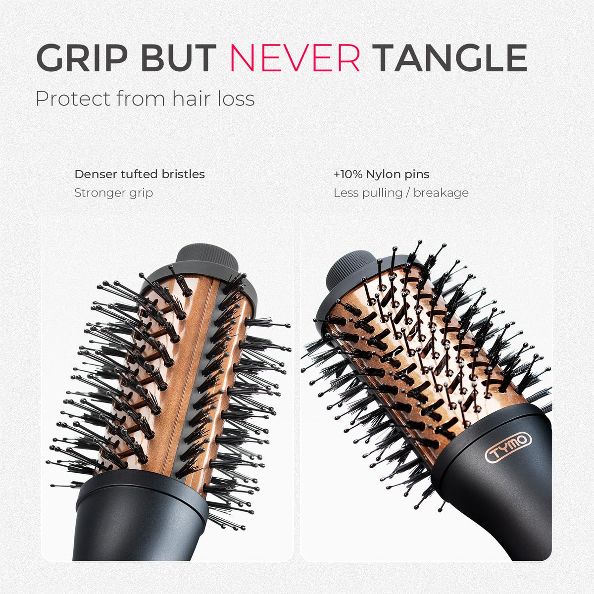 TYMO detailed shot of three bristle types showing gentle grip and reduced pulling benefit