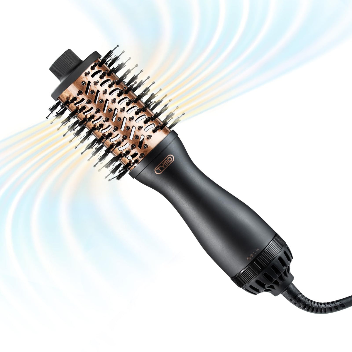 TYMO front view of black 2.0 blow dryer brush showing sleek design and fast drying benefit