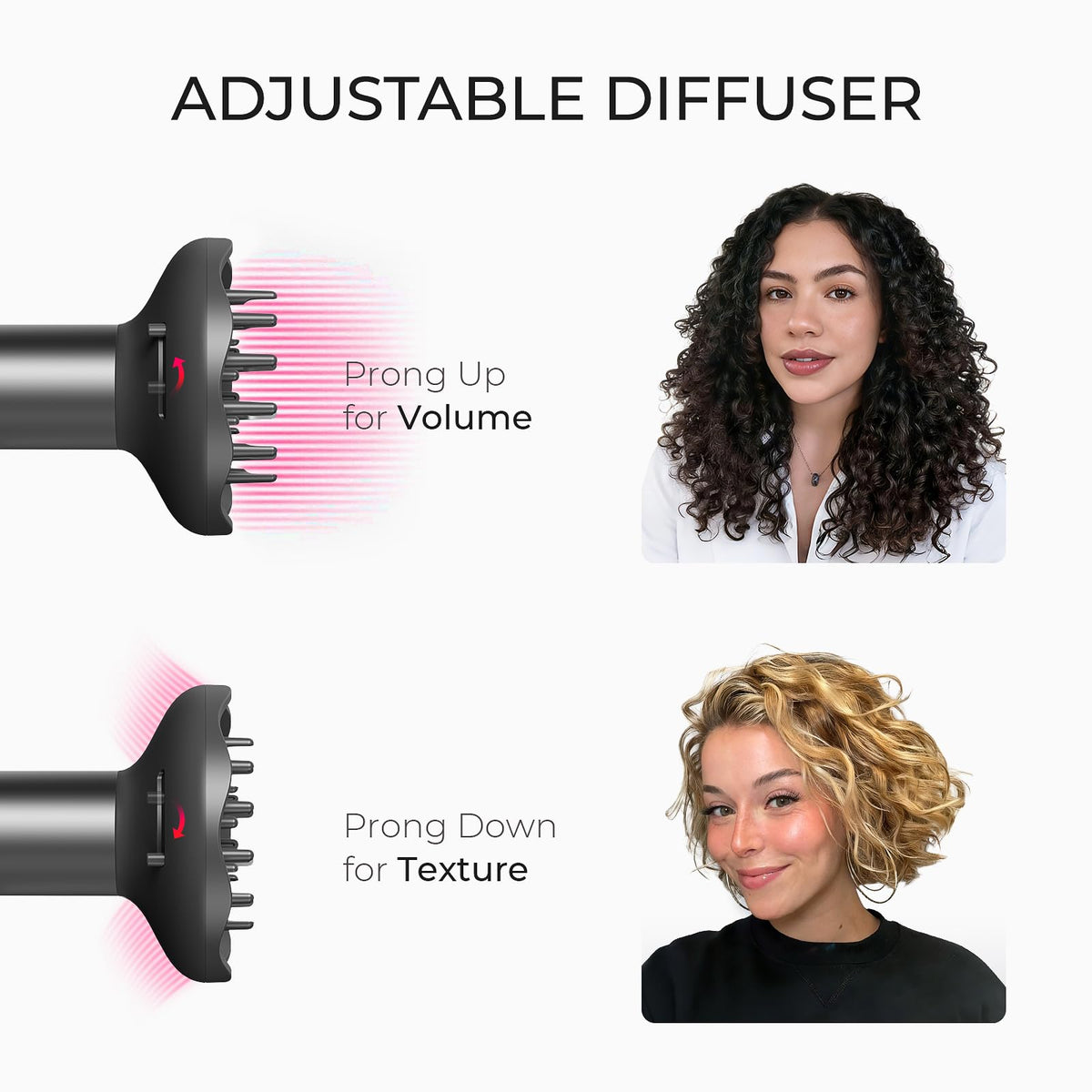 TYMO adjustable diffuser prongs close-up showing enhanced curl definition benefit