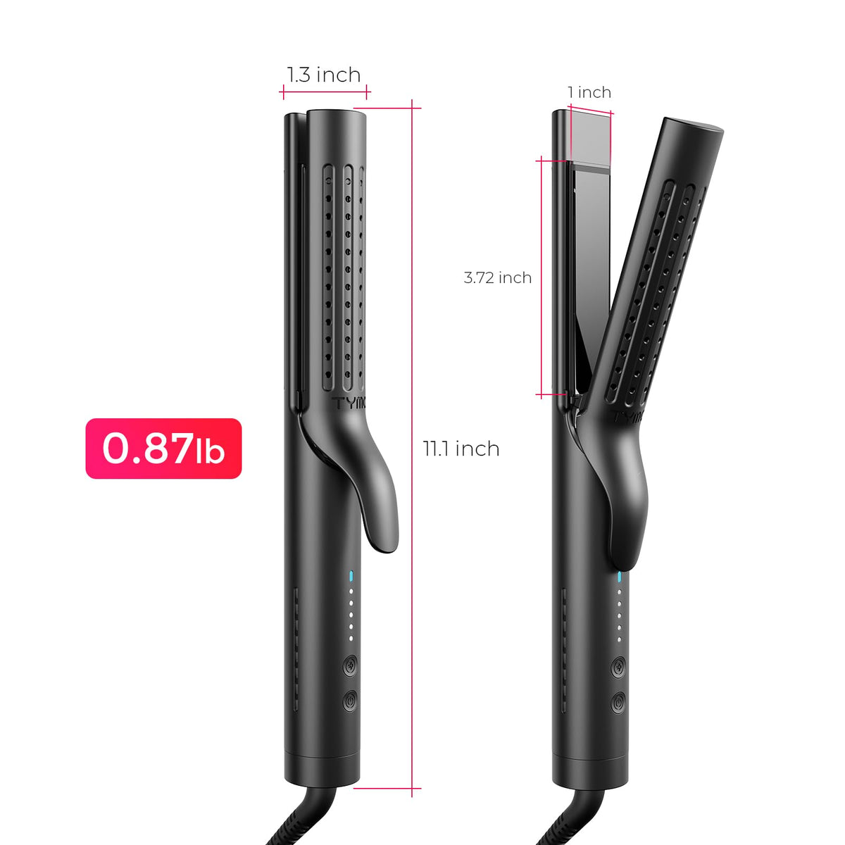 TYMO Airflow 2.0 with travel pouch and plug displaying dual-voltage readiness