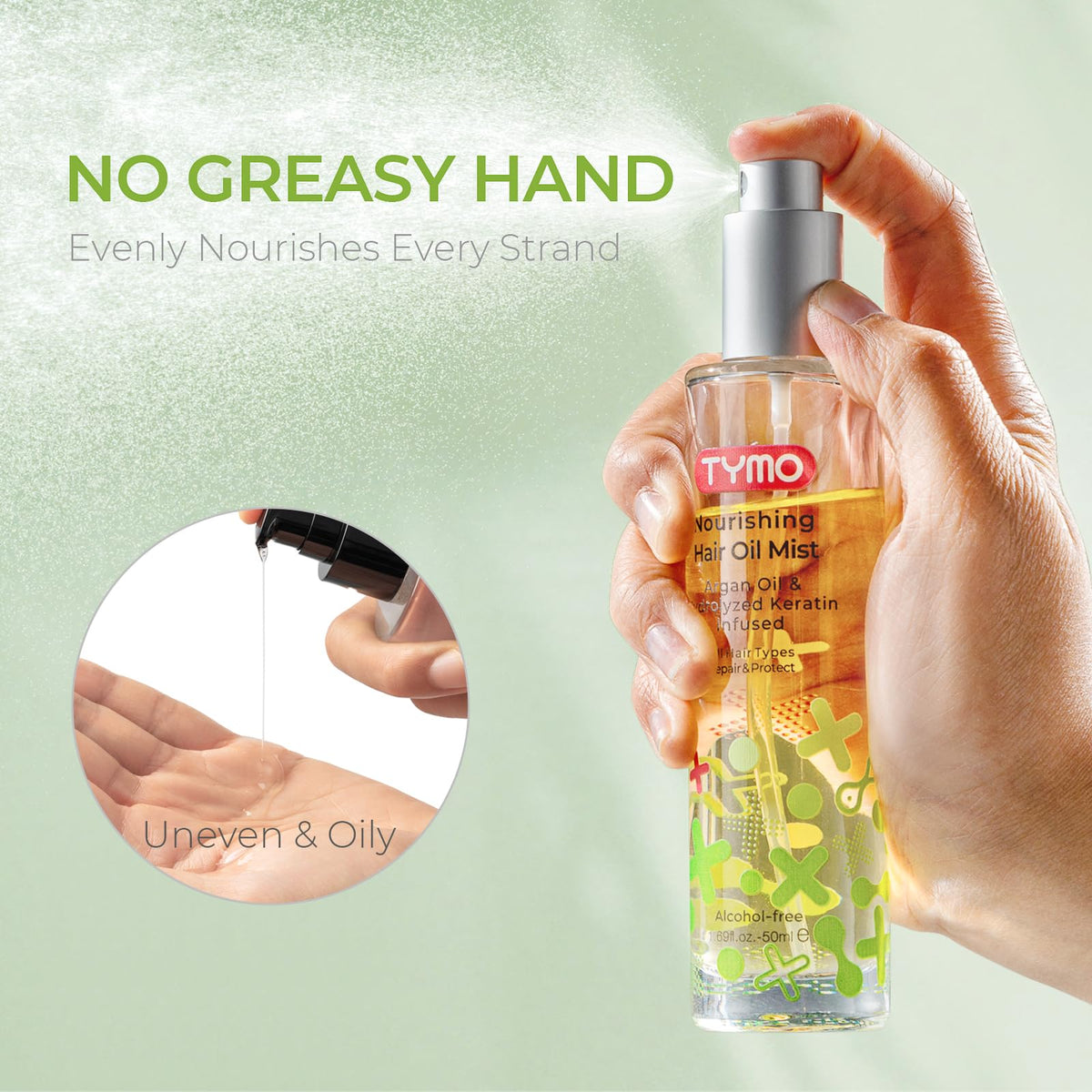 TYMO close-up nozzle detail, highlights precision spray for mess-free use