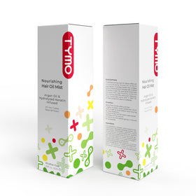 TYMO ingredient bottles with argan and sunflower, communicates nourishing oil blend