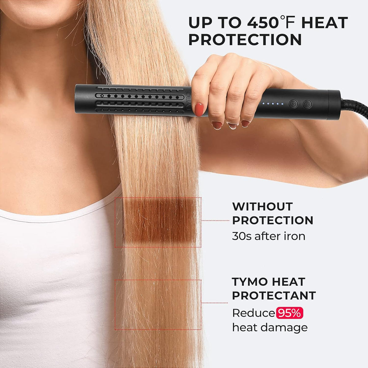 TYMO glass bottle label detail highlighting natural formulation benefit