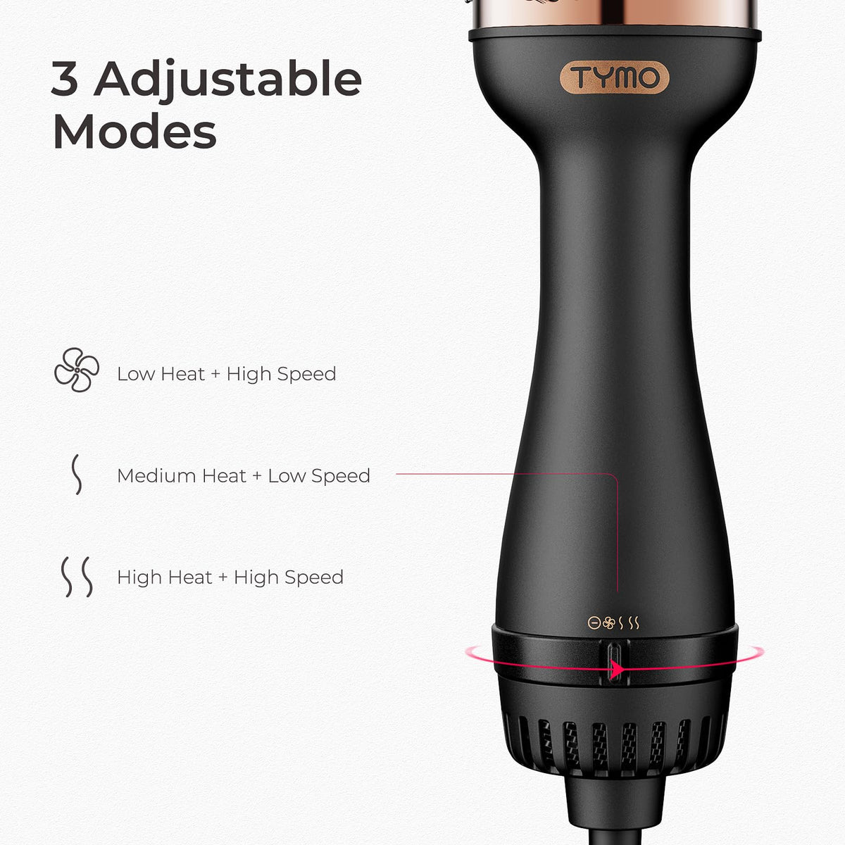 TYMO heat and speed controls close-up with adjustable knob to prevent accidental switching