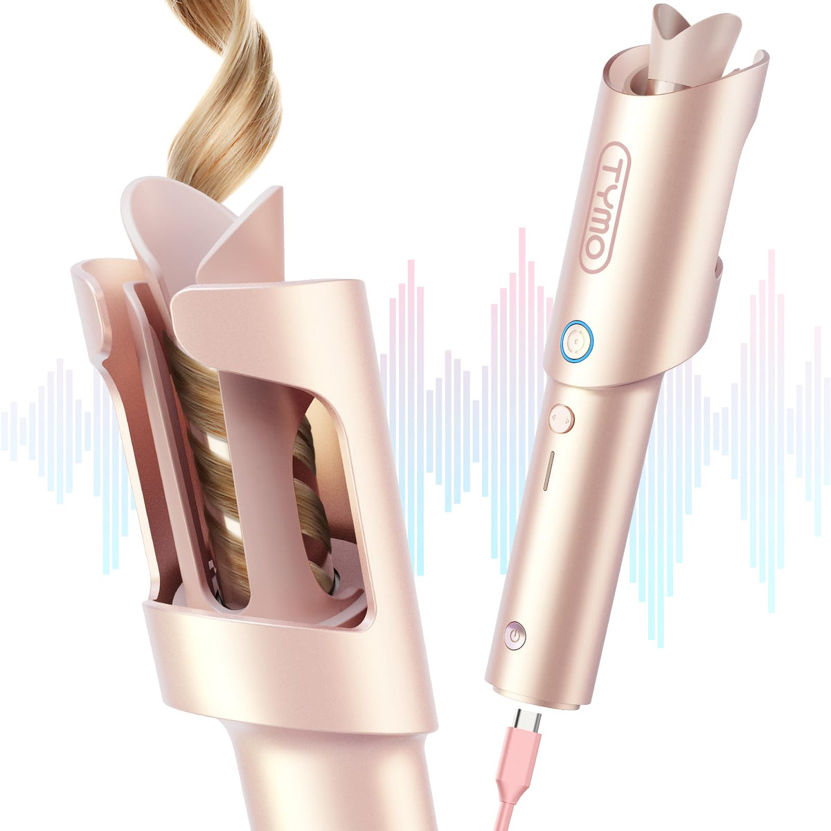 TYMO CurlGo front view showing cordless gold blush design and portability benefit