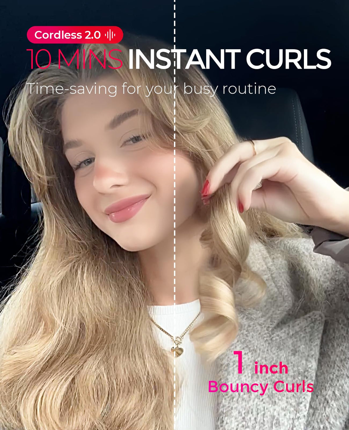 TYMO CurlGo styled beach waves on model highlighting long-lasting glossy curl benefit