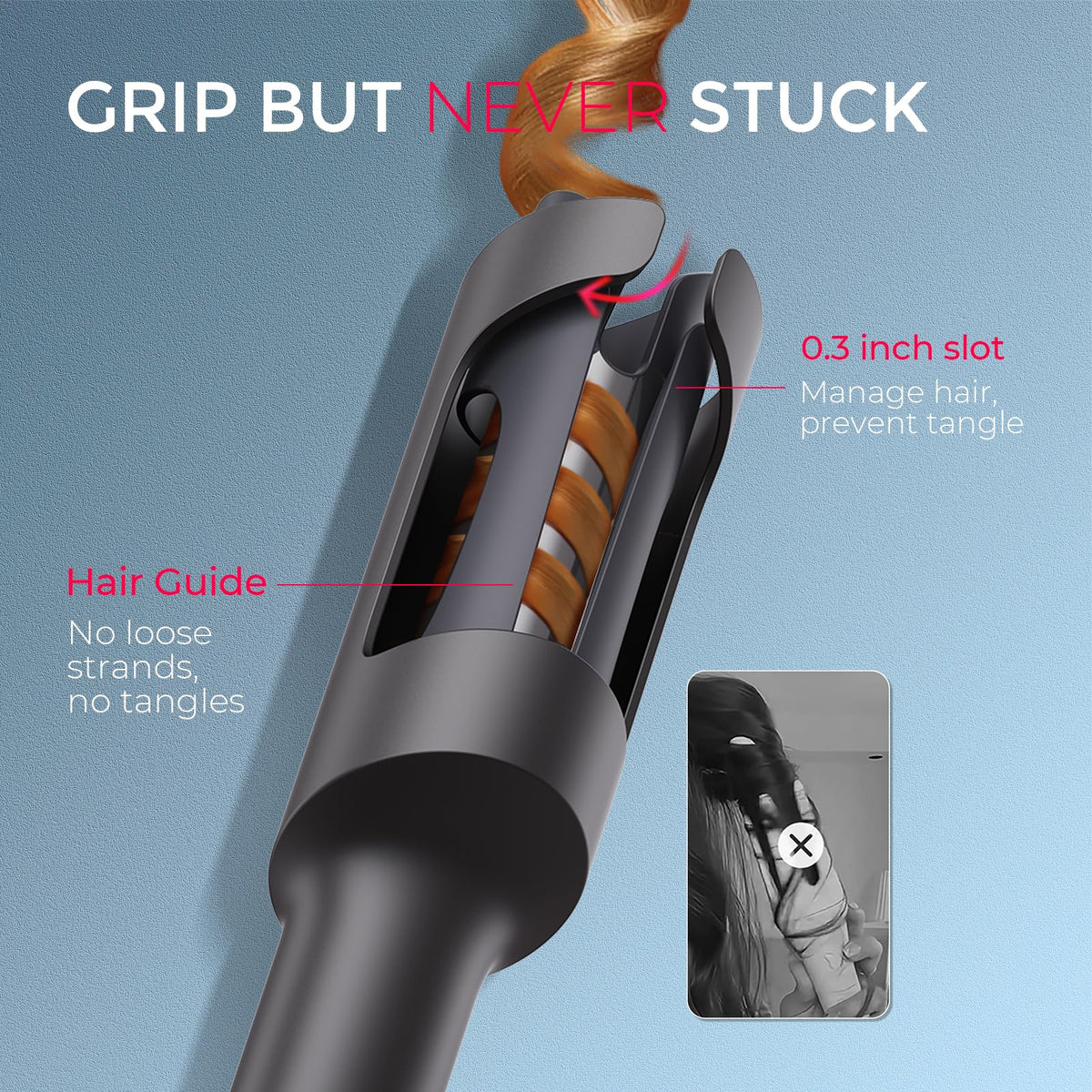 TYMO anti-tangle slot and 0.3 inch hair guide preventing snags and ensuring consistent curls