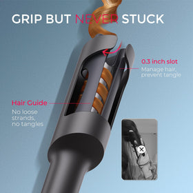 TYMO anti-tangle slot and 0.3 inch hair guide preventing snags and ensuring consistent curls