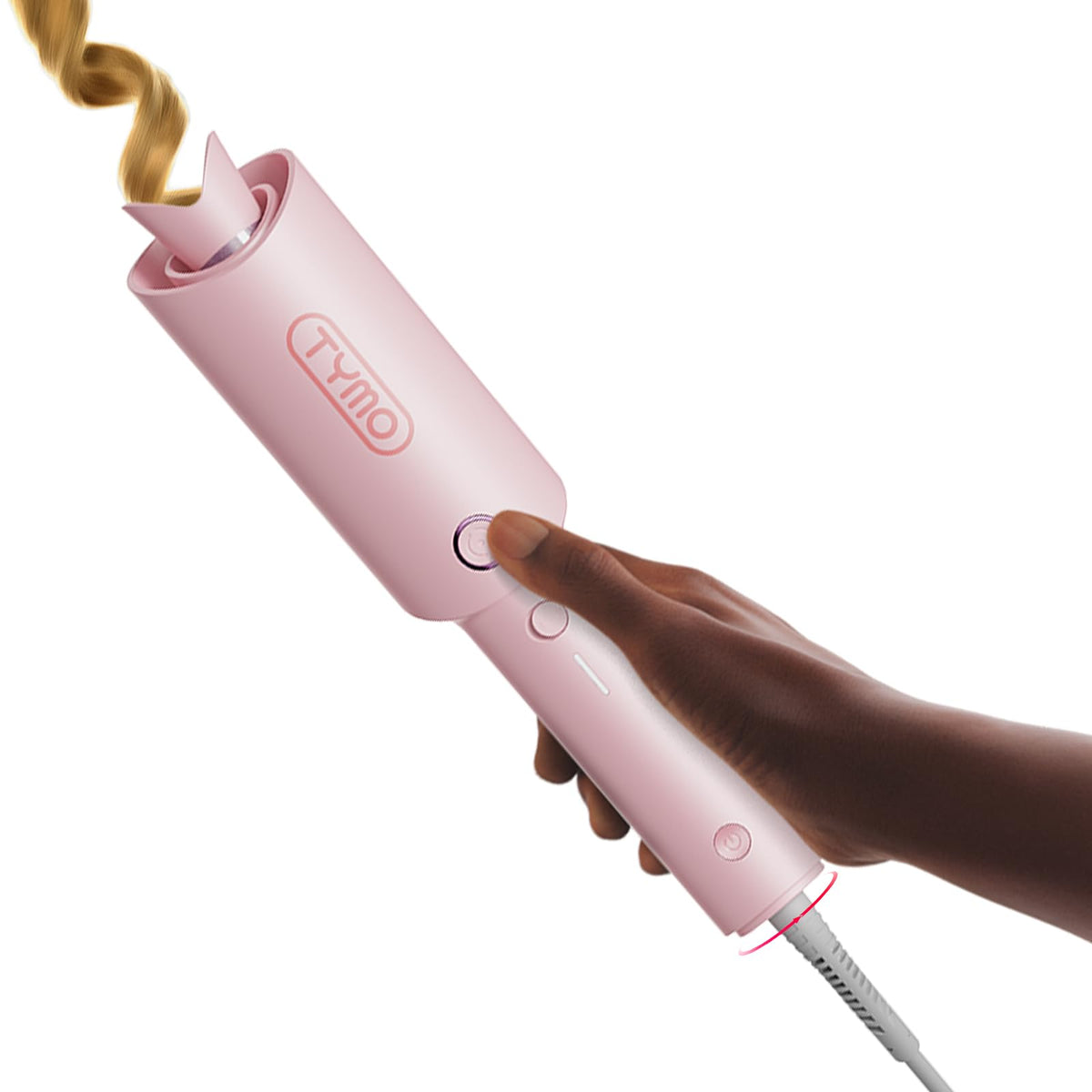 TYMO CURLPRO front view showing pink curler and compact design for easy styling