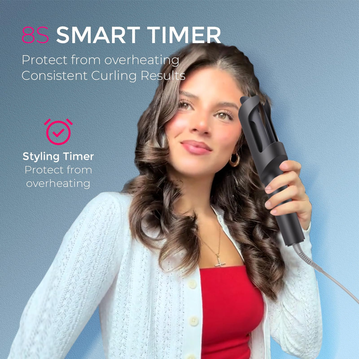 TYMO in use on long hair creating beach waves quickly for polished, salon-like results