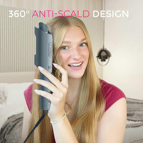 TYMO curling iron in use on long hair demonstrating easy automatic rotation styling