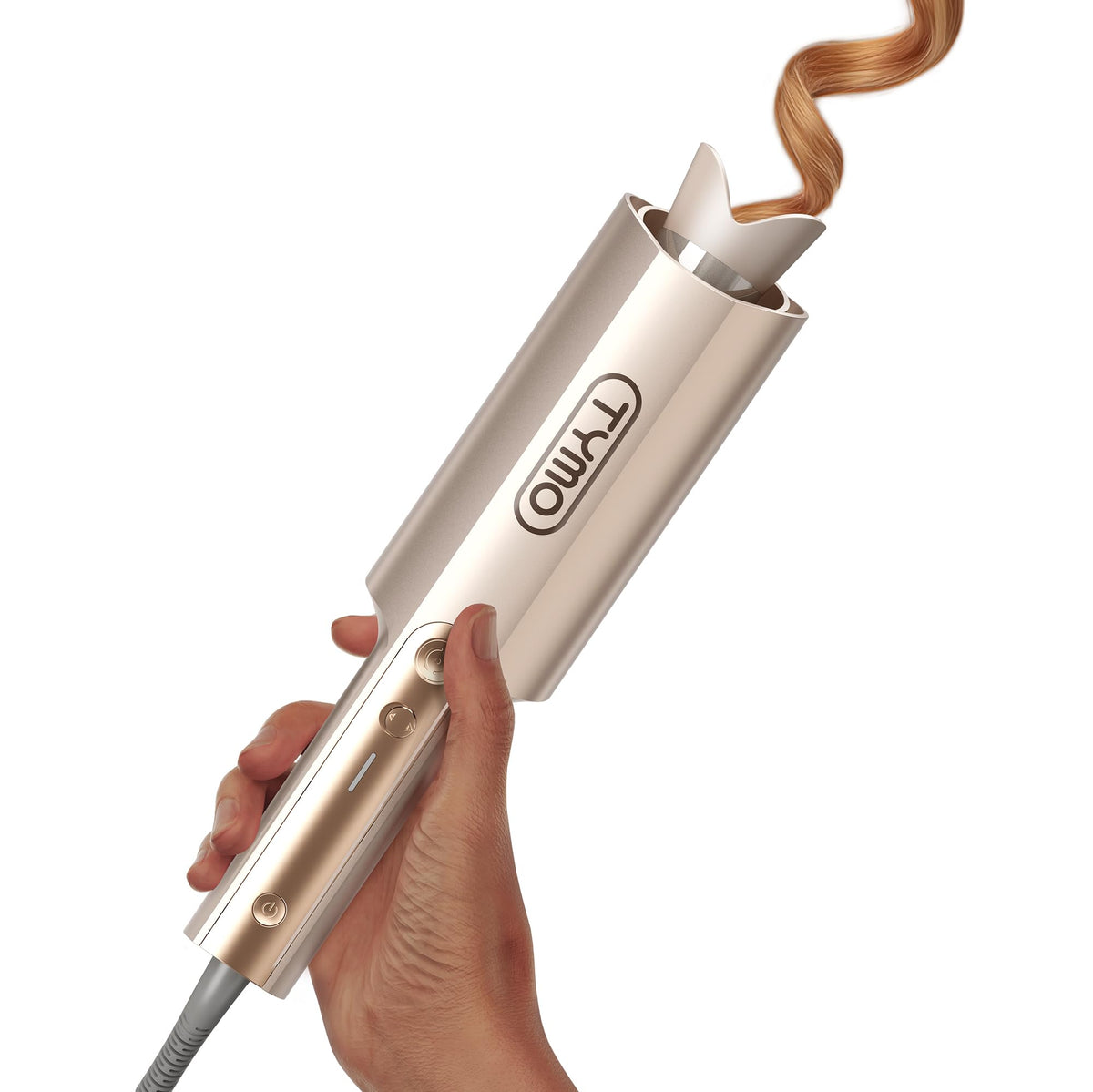 TYMO CurlPro Plus front view showing controls and barrel for easy operation