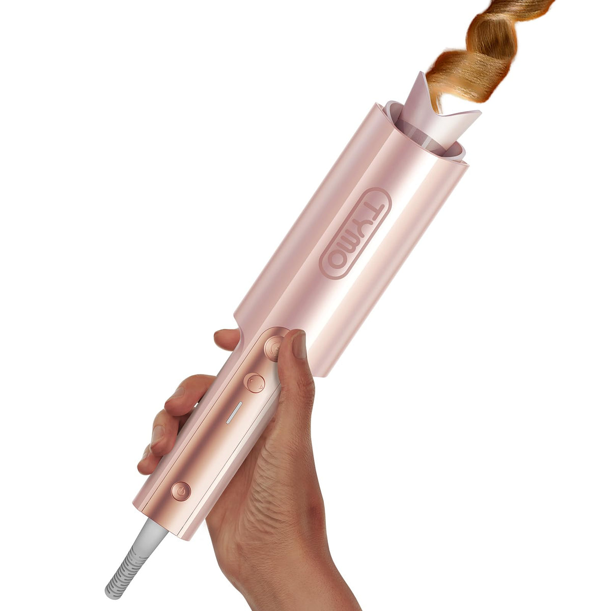 TYMO CurlPro Plus front view showing controls and sleek gold blush finish for easy styling