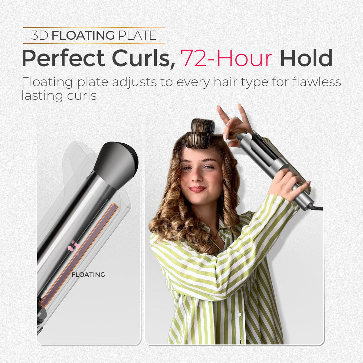 TYMO in-use styling long hair creating defined curls with anti-tangle safety