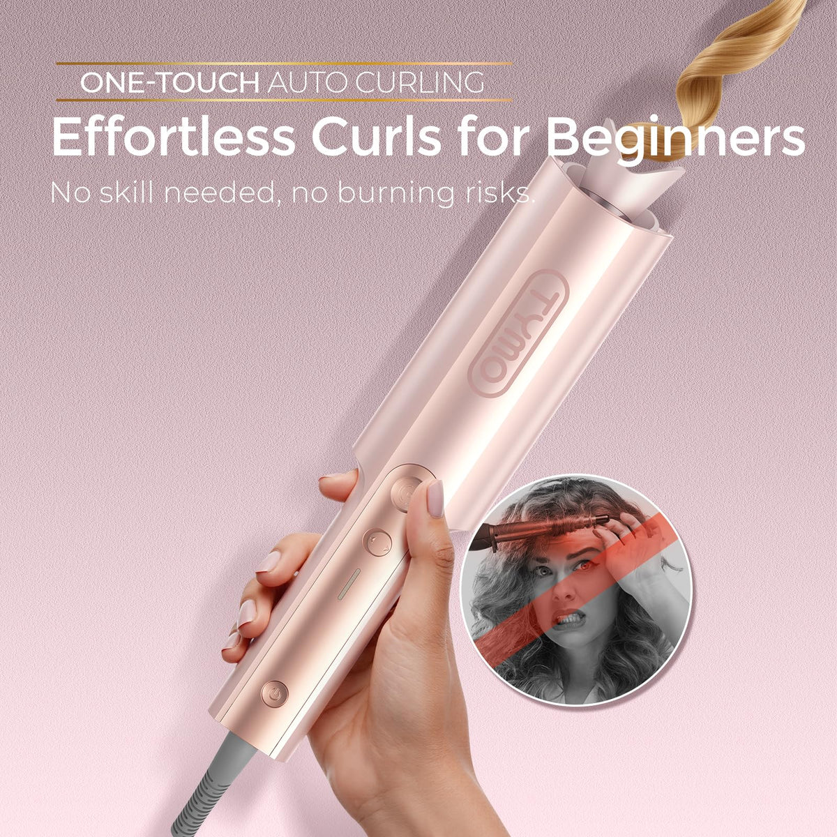 TYMO CurlPro Plus long barrel close-up highlighting ceramic T-GLOSS coating for shiny results