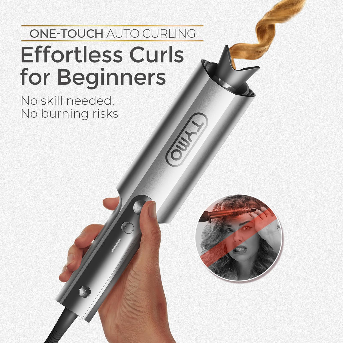 TYMO close-up of longer barrel demonstrating length for shoulder-to-waist styling benefit