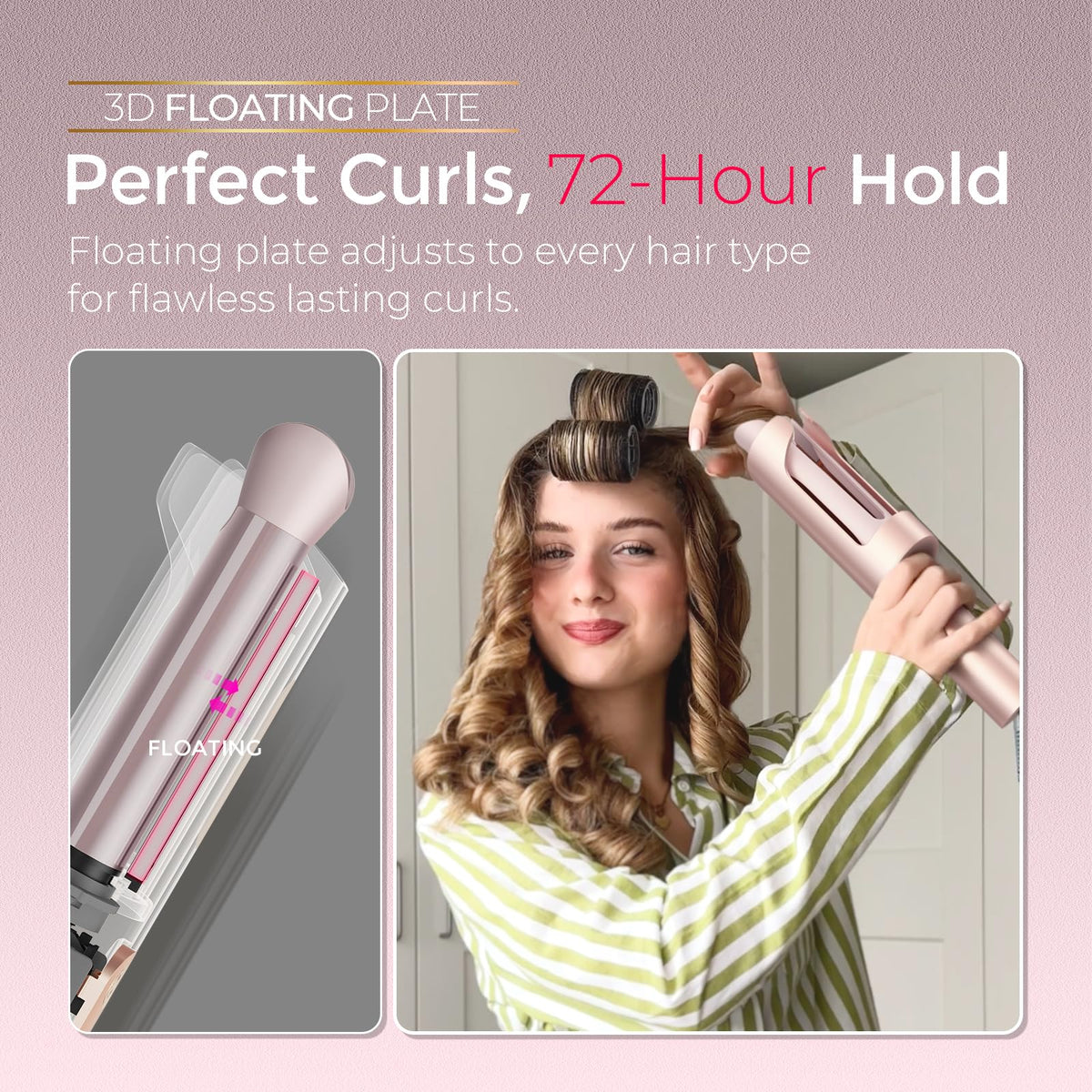TYMO CurlPro Plus held in hand for size comparison to show long barrel coverage and control