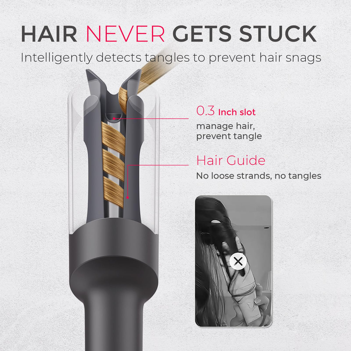 TYMO 0.3-inch slot and hair guide close-up ensuring consistent curls without tangles