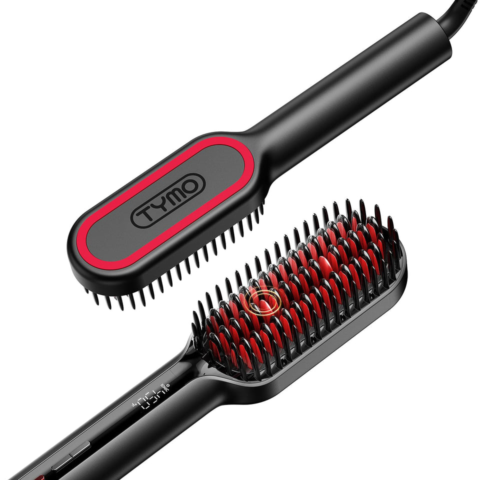 TYMO front view compact straightener brush showing slim travel-friendly design and benefit ease