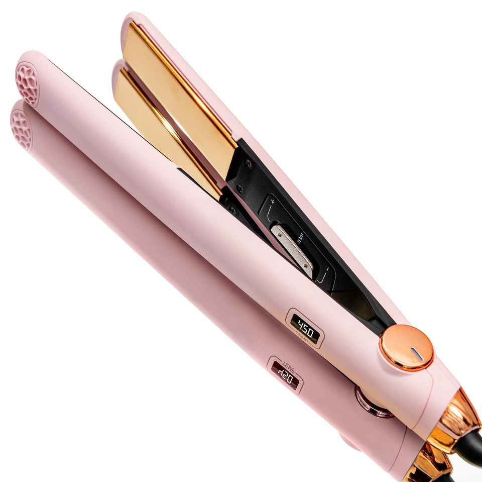 TYMO front view of the 2-in-1 flat iron showing slim design and controls for easy styling