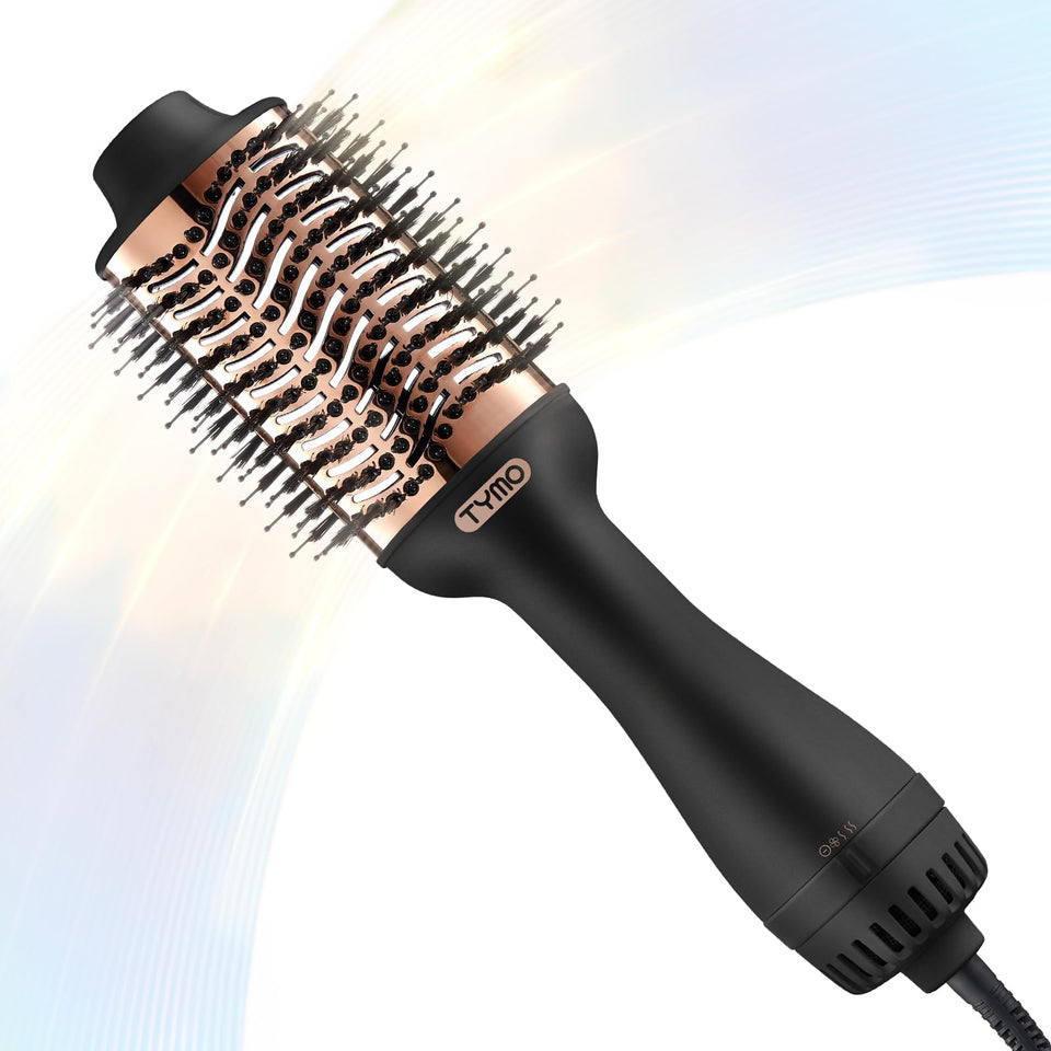 TYMO front view hair dryer brush showing gold finish and compact design for easy styling