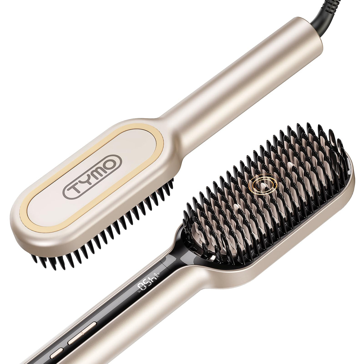 TYMO front view gold straightener brush showing sleek design and fast styling benefit