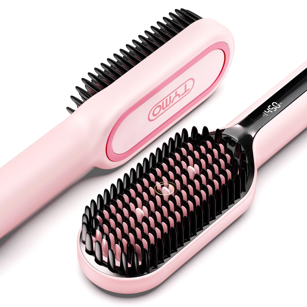 TYMO front view of pink straightener brush showing sleek profile and glossy finish for stylish results