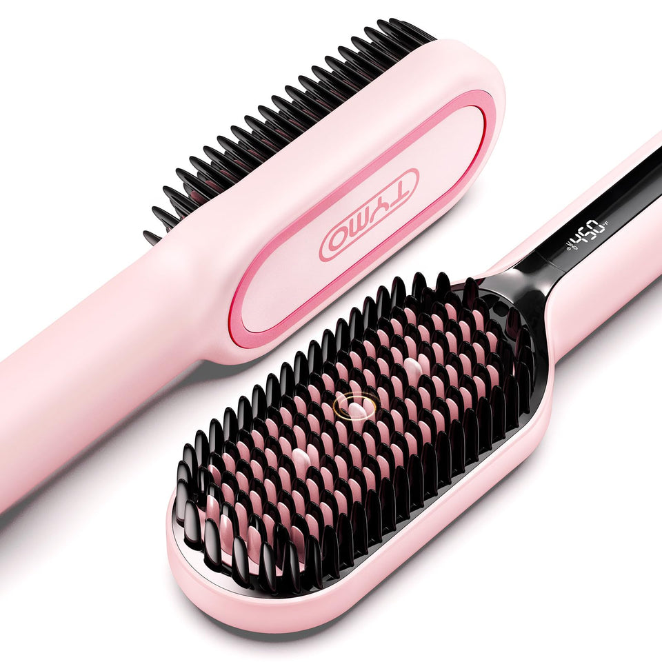 TYMO front view of pink straightener brush showing sleek profile and glossy finish for stylish results