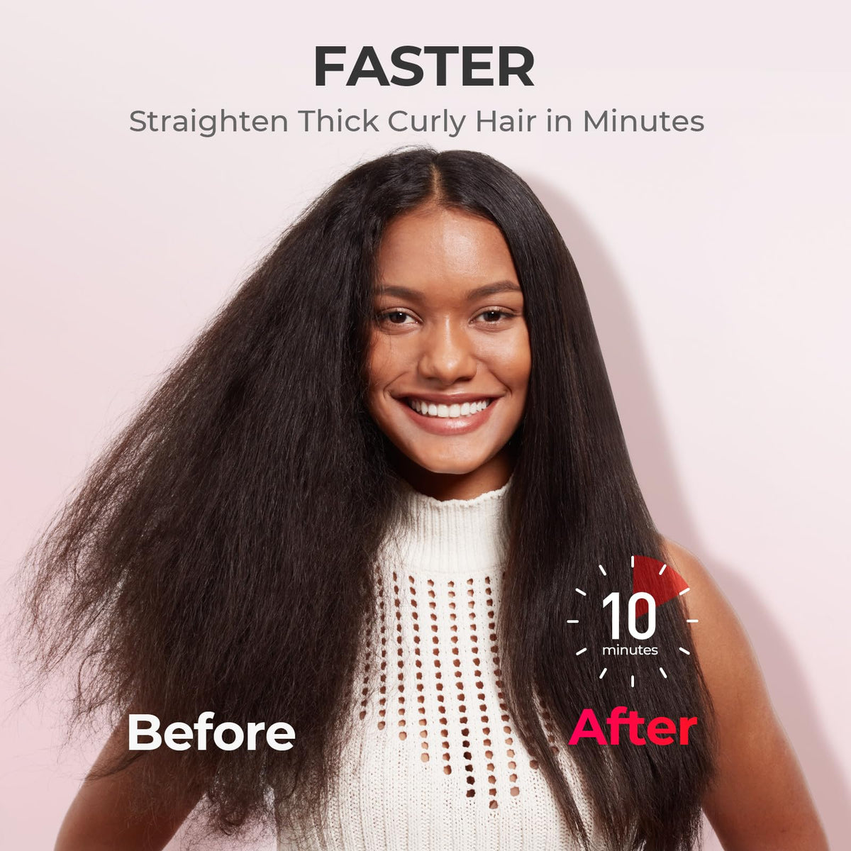 TYMO in-use on thick curly hair demonstrating fast straightening and reduced frizz during styling