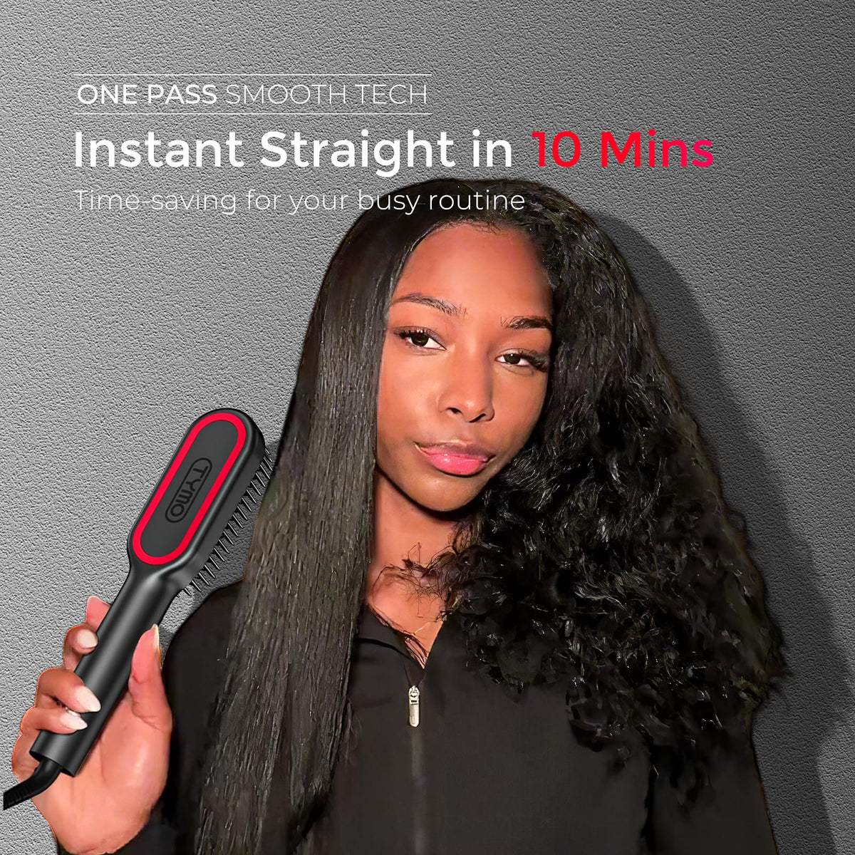 TYMO in use on long hair demonstrating smooth glide and time-saving styling