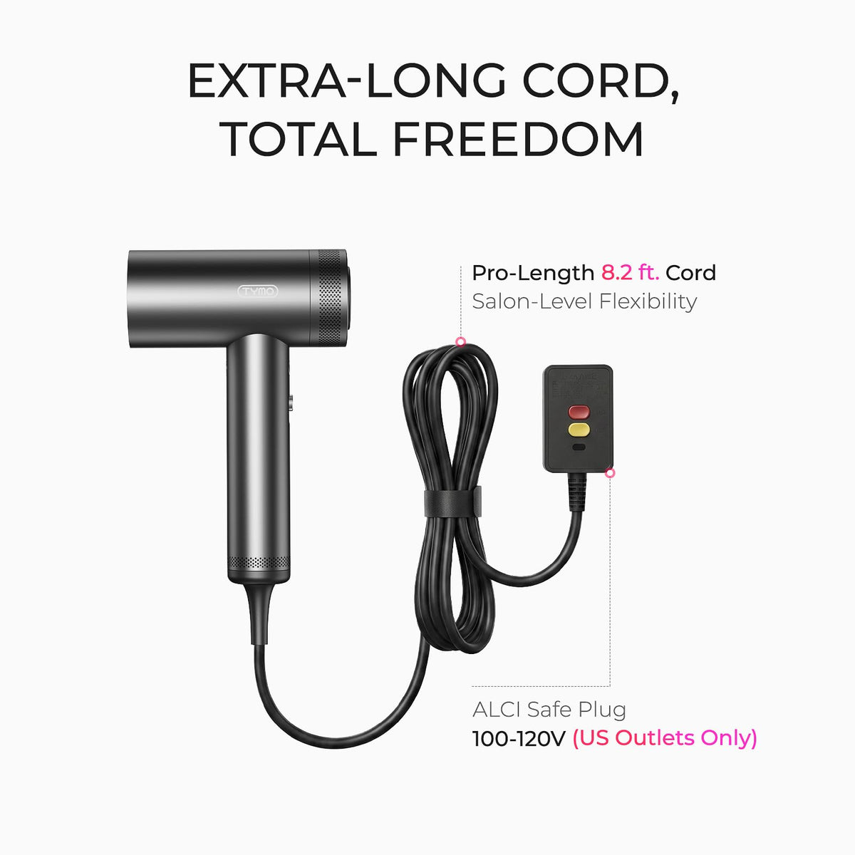 TYMO hairdryer in bathroom styling setting showing professional results at home