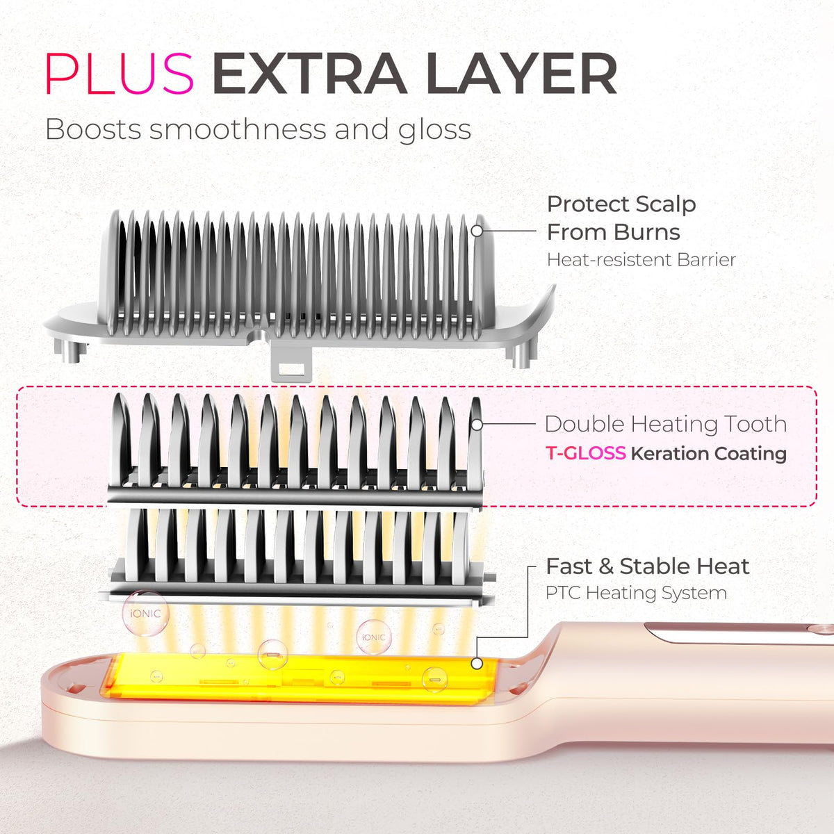 TYMO Ring Plus in use on long hair demonstrating quick detangling and one-pass straightening