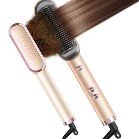 TYMO front view of ring straightener brush showing controls and peach finish for quick styling