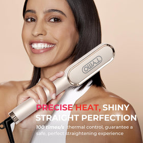 TYMO styling long hair in use to demonstrate faster one-pass straightening