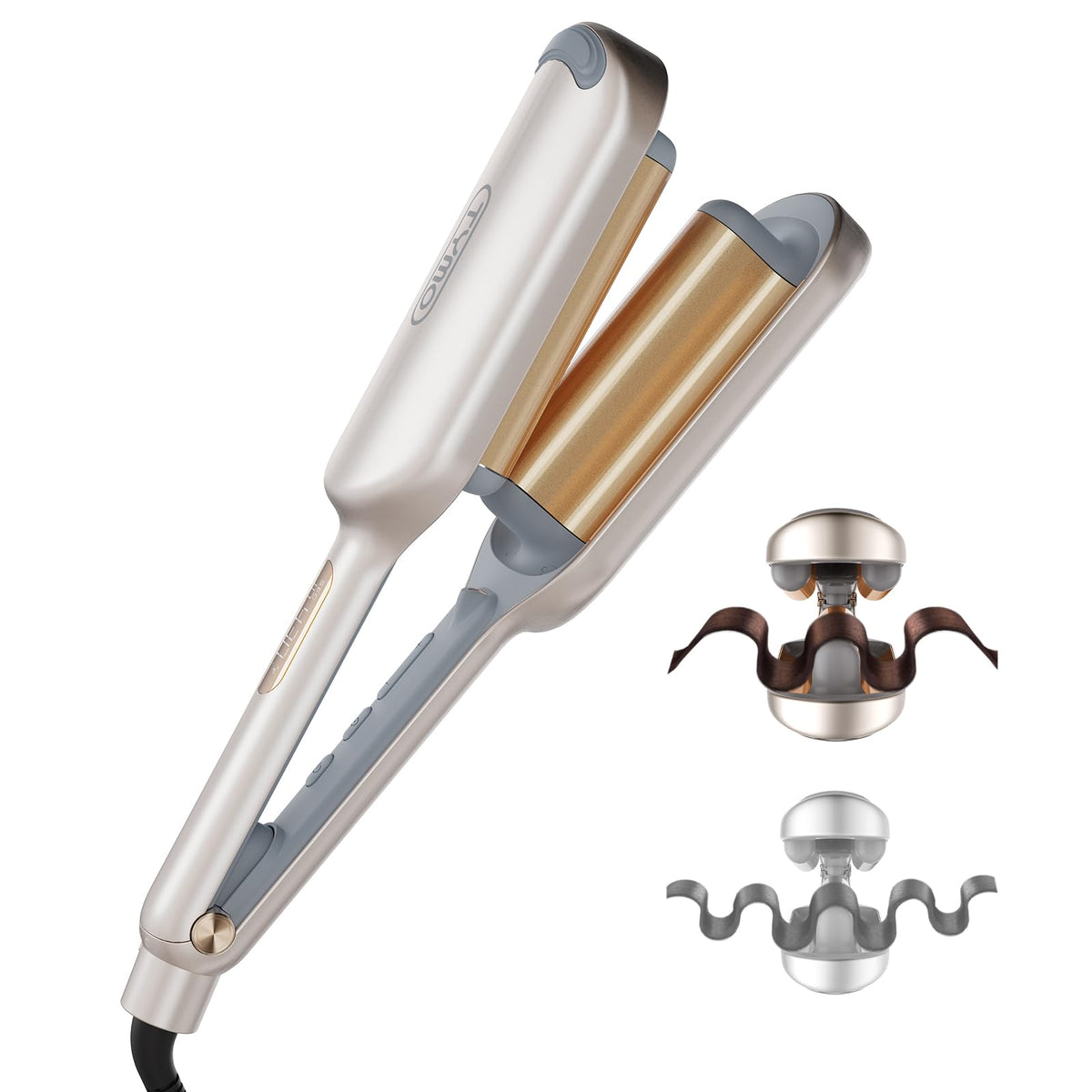 TYMO ROVY front view in elegant gold showing ergonomic handle and clamp for easy styling