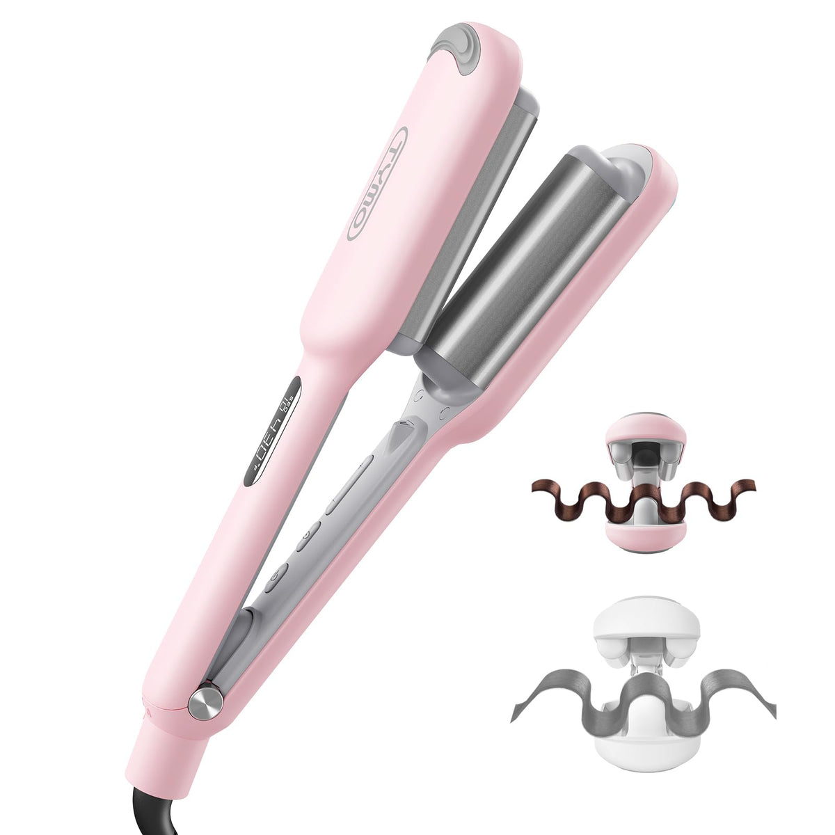 TYMO ROVY front view showing compact pink waver and safe clamp benefit
