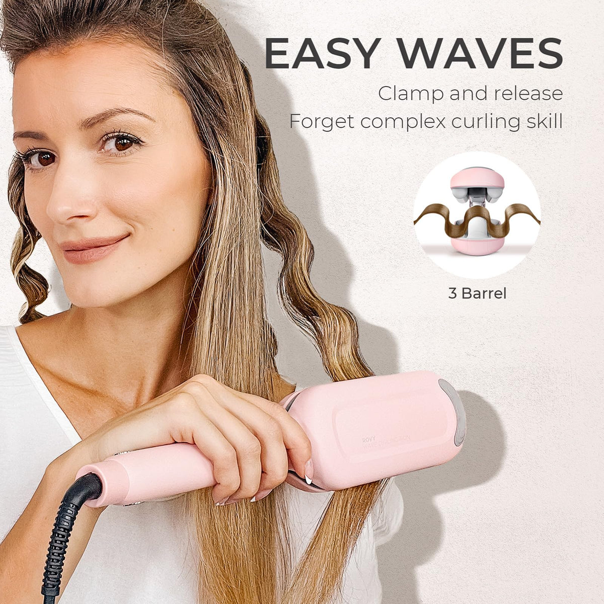 TYMO ROVY close-up of three ceramic barrels showing smooth surface for frizz reduction