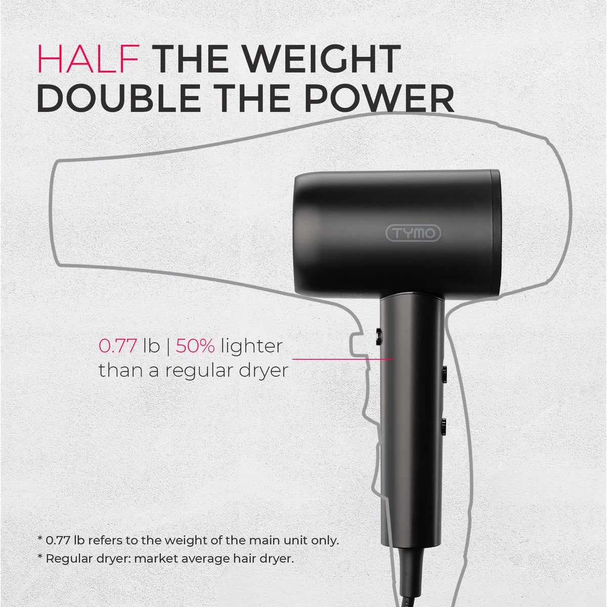 TYMO size and weight comparison demonstrating ultra-light 0.77 lb portability