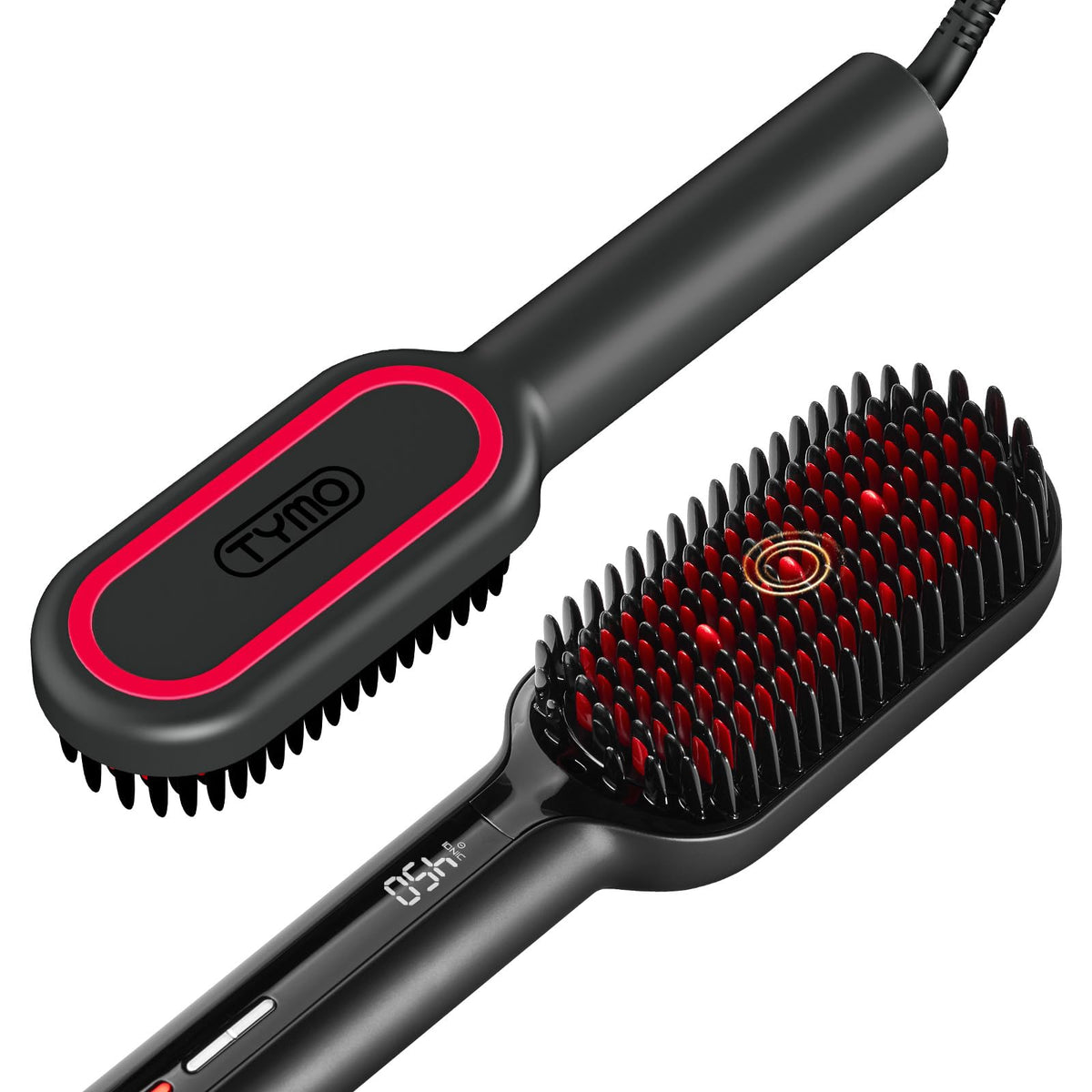 TYMO straightener brush front view showing sleek black body and bristles for quick styling