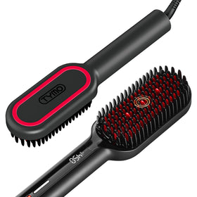 TYMO straightener brush front view showing sleek black body and bristles for quick styling