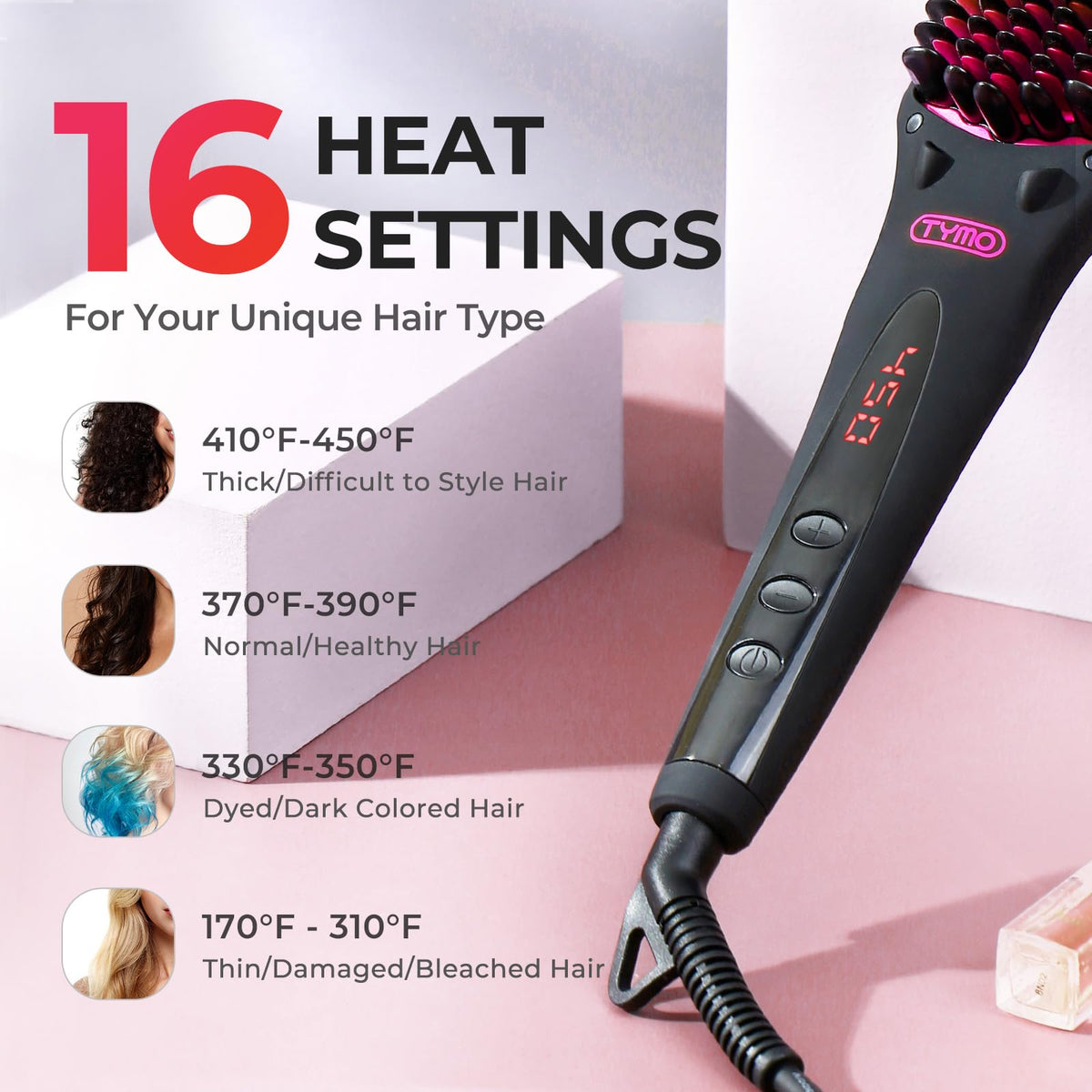 TYMO brush smoothing long hair in use for faster straightening and reduced frizz