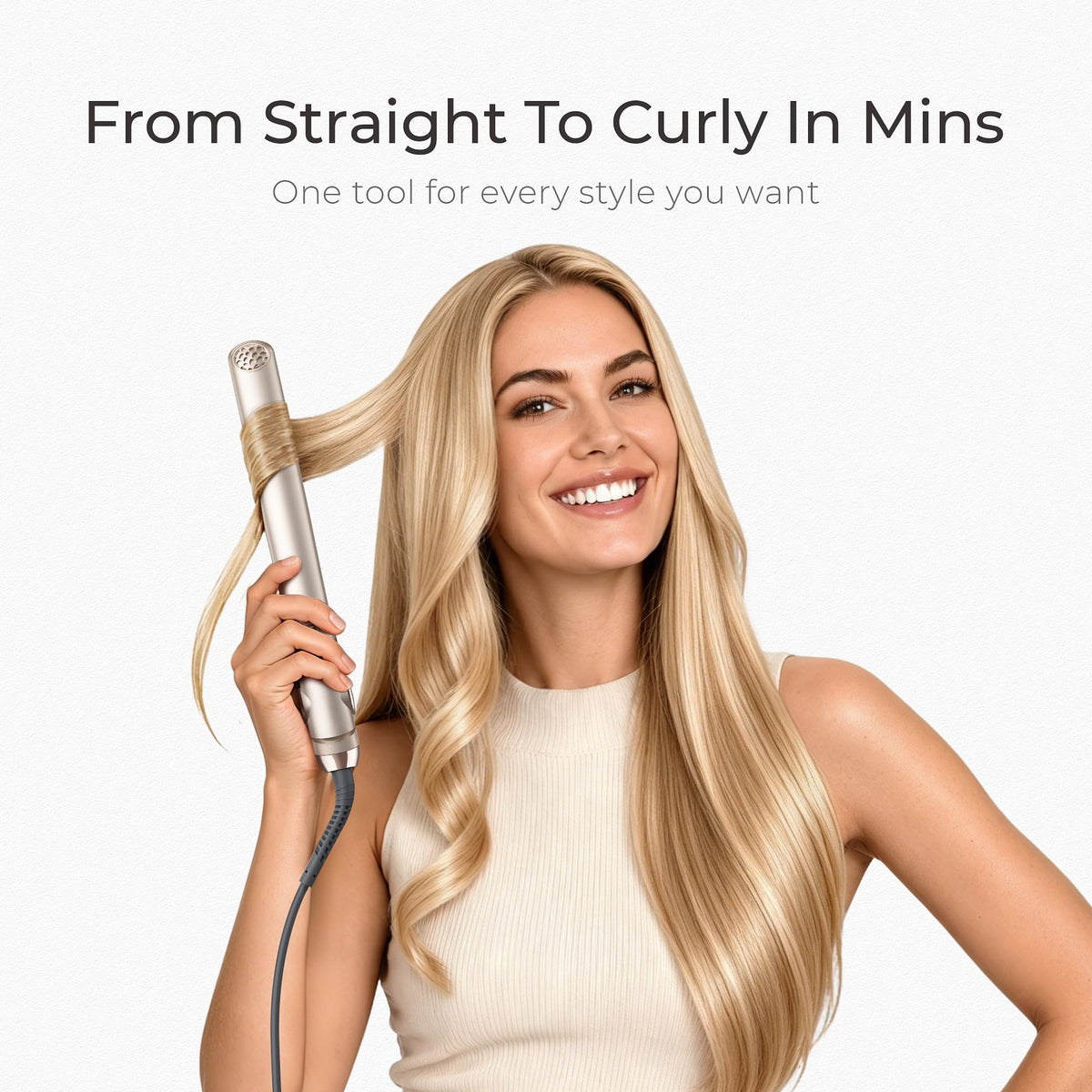 TYMO creating loose curls to show curling capability without creases or kinks