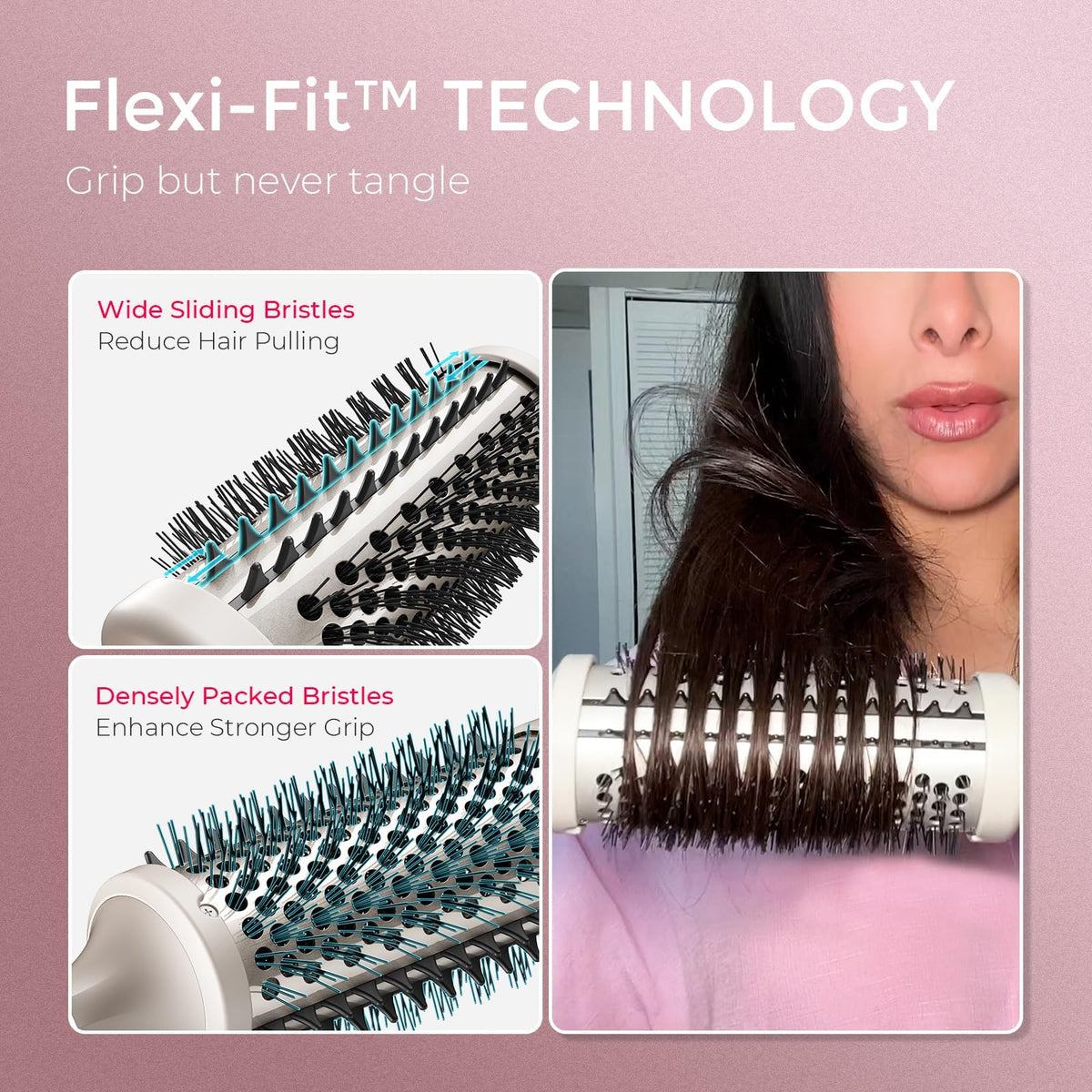 TYMO STYLUX Flexi-Fit bristles detail, minimizes pulling for gentler styling