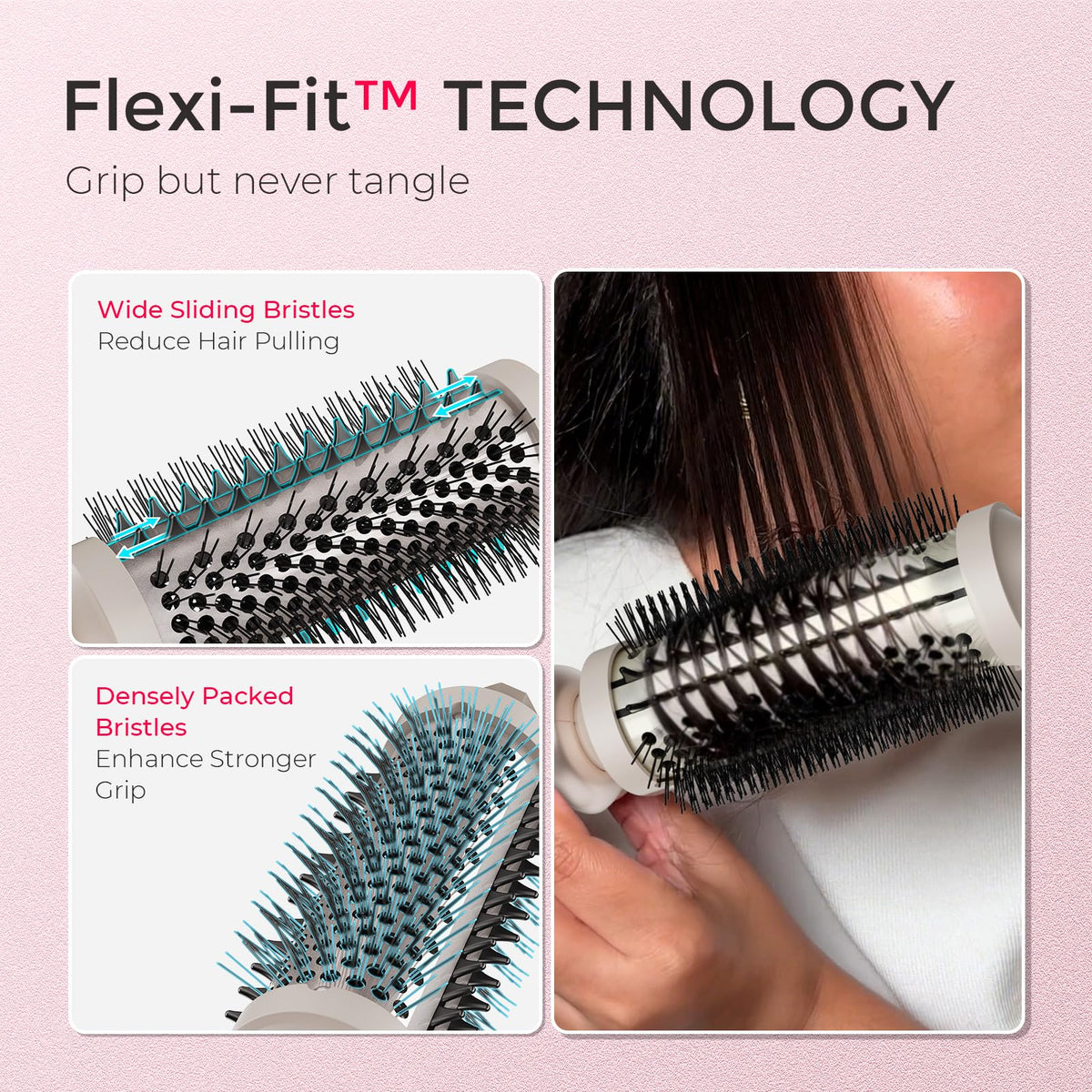 TYMO staggered Flexi-Fit bristles detail reducing tugging and improving strand grip