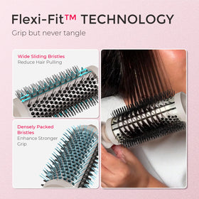 TYMO staggered Flexi-Fit bristles detail reducing tugging and improving strand grip