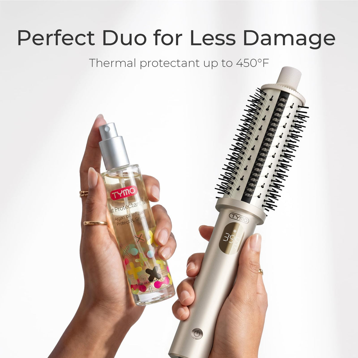 TYMO STYLUX PRO before and after hair demonstrating reduced frizz and shine