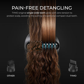 TYMO wide-tooth comb attachment showing gentle detangling benefit