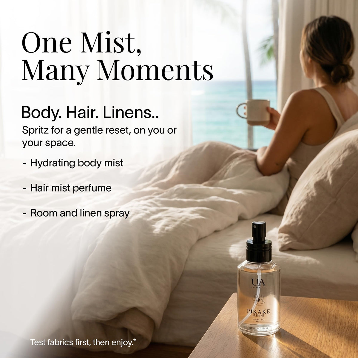 Ua Body glass bottle held in hand showing travel-friendly size and ease benefit